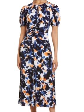 Maggy London Abstract Print Midi Dress - Navy & Orange